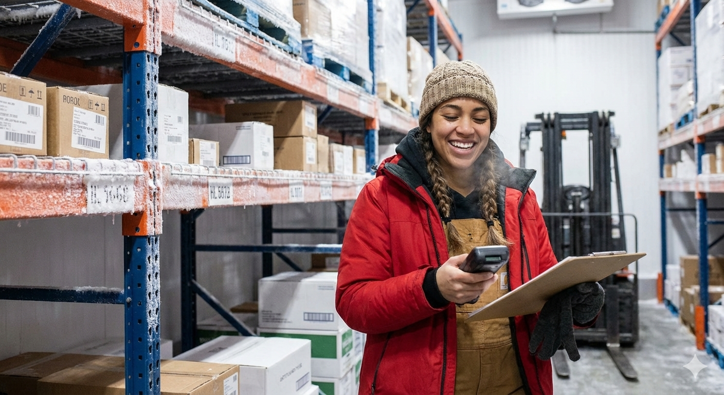 A woman with a bright, cheerful expression, looking energetic despite the cold. She is standing next to a pallet of frozen goods, using a handheld digital scanner to check inventory, looking satisfied with the progress of her work.
She wears a high-visibility navy and neon-yellow winter parka with reflective strips, a thick charcoal-grey knit hat, and specialized thermal touch-screen gloves. This section of the freezer shows large pallets wrapped in clear plastic, glistening with ice crystals. The floor has visible frost patches, and the background shows the vast, cold scale of the distribution center.