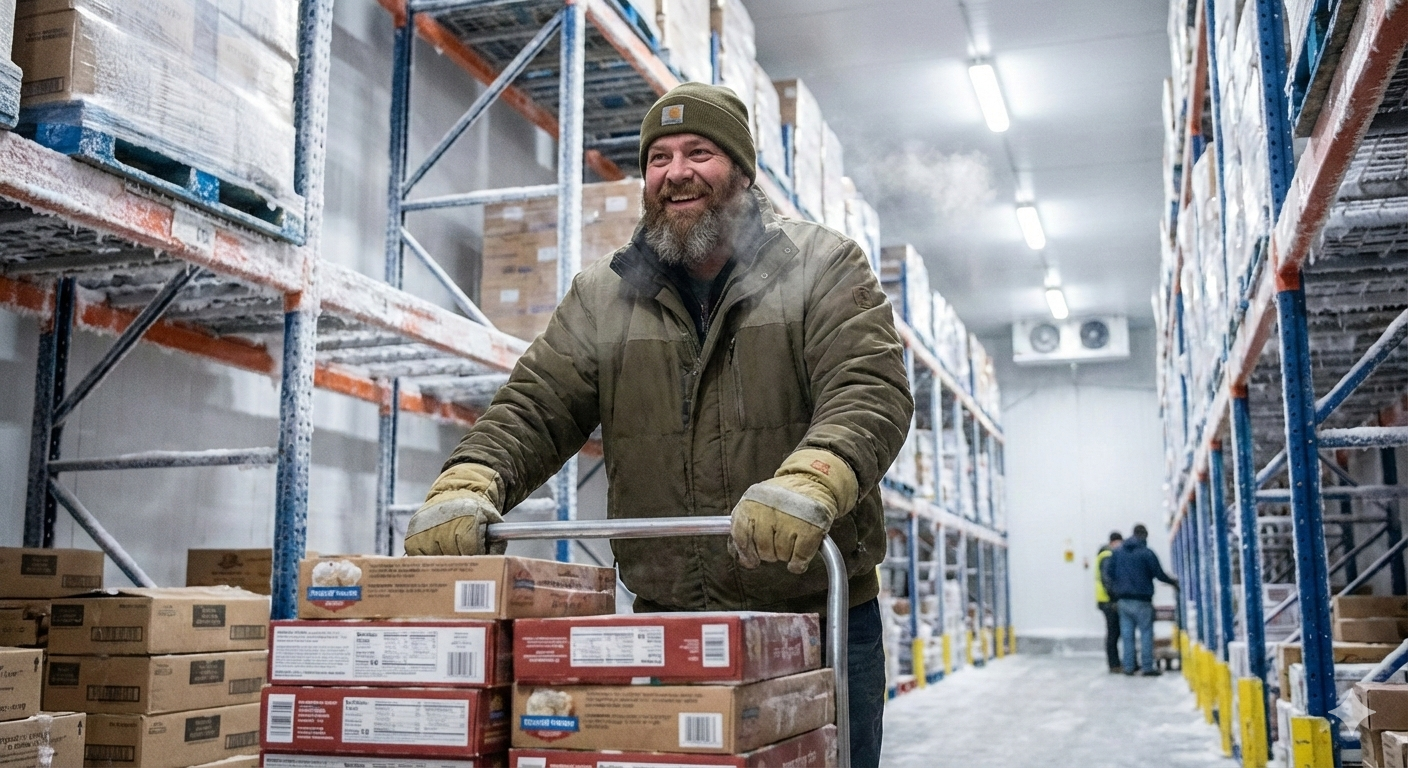 A middle-aged man with a full, well-groomed beard and a warm, genuine smile that reaches his eyes. He is captured mid-stride, pushing a heavy-duty metal cart stacked with frozen product boxes through a narrow aisle. He’s dressed for the sub-zero climate in a rugged, insulated tan canvas jacket, an olive-green beanie, and thick, yellow leather work gloves. The warehouse is a maze of blue and silver steel racking. Every surface is dusted with a fine, white layer of frost, and a light icy mist hangs in the air, catching the glow of the overhead industrial lights.